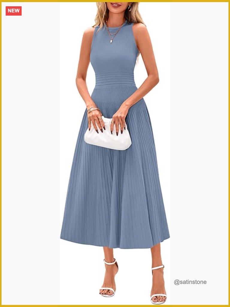 Sleeveless Pleated A-Line Midi Cocktail Dress Crewneck Knit